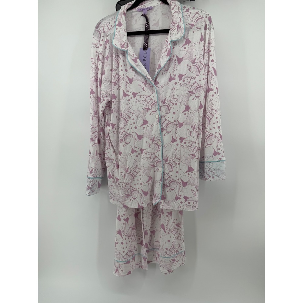Hale Bob Pajama Set Womens Large Purple White Floral Modal Spandex Sleepwear NEW